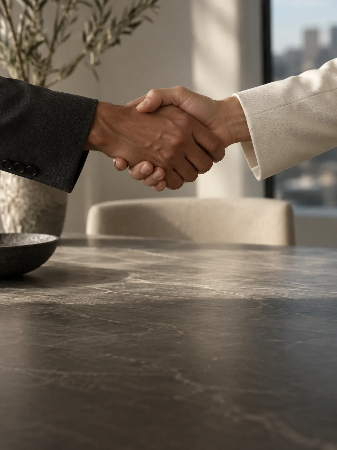 A handshake across a stone table in a sunlit studio