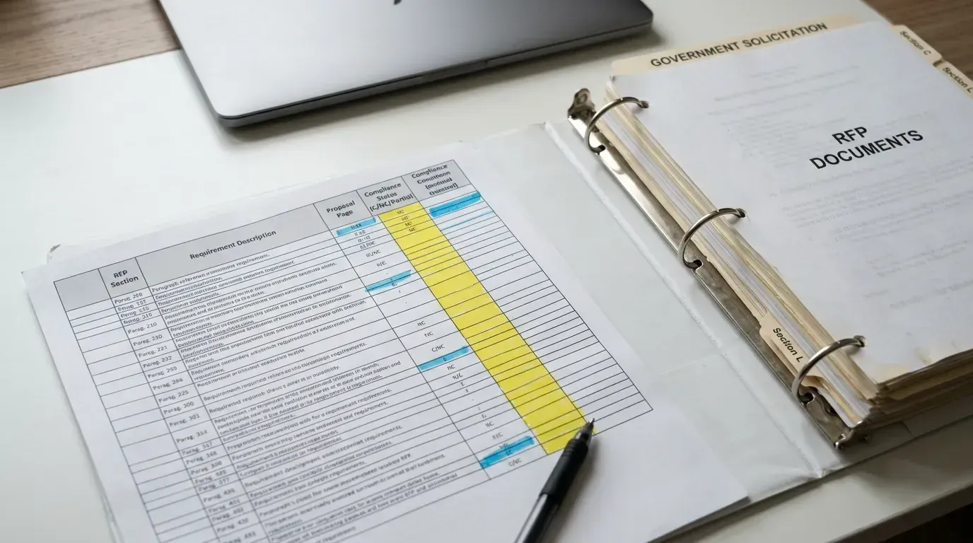 Structured compliance matrix showing RFP requirements mapped to proposal sections